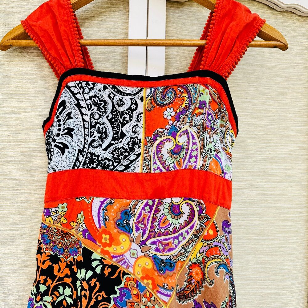 Cotton Patchwork Midi Dress Boho Paisley Smocked Festival Sundress Size 4